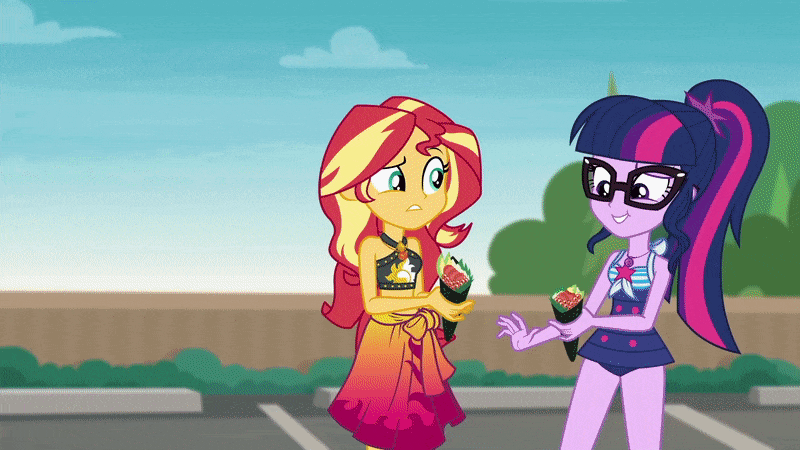 Size: 800x450 | Tagged: safe, screencap, character:pinkie pie, character:sunset shimmer, character:twilight sparkle, character:twilight sparkle (scitwi), species:eqg human, episode:x marks the spot, g4, my little pony:equestria girls, animated, background human, clothing, feet, fire, fire breath, flip-flops, food, geode of empathy, geode of sugar bombs, geode of telekinesis, gif, green fire, henry handle, jewelry, magical geodes, manestrum, necklace, pain, roe, sandals, sleeveless, sushi, sushi cone, swimsuit, wasabi, water lily (equestria girls), well, wet hair