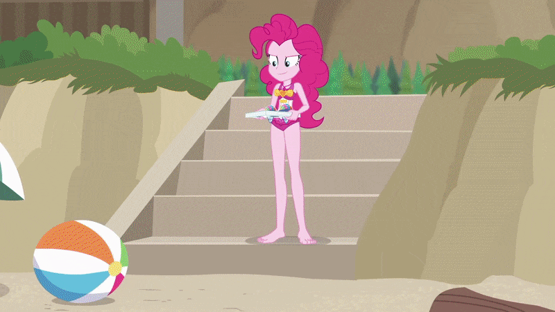 Size: 800x450 | Tagged: safe, screencap, character:fluttershy, character:pinkie pie, character:rainbow dash, character:rarity, episode:too hot to handle, g4, my little pony:equestria girls, animated, barefoot, clothing, feet, gif, kite, kite flying, pinkie being pinkie, rock horse, sleeveless, swimsuit