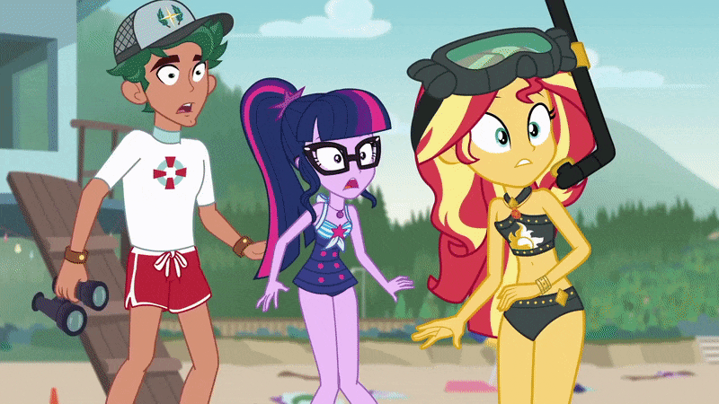 Size: 800x450 | Tagged: safe, screencap, character:sunset shimmer, character:timber spruce, character:twilight sparkle, character:twilight sparkle (scitwi), species:eqg human, episode:unsolved selfie mysteries, g4, my little pony:equestria girls, animated, belly button, bikini, clothing, cowering, diving goggles, geode of empathy, geode of telekinesis, gif, lifeguard timber, magical geodes, midriff, ponytail, scared, sleeveless, snorkel, swimsuit, terrified
