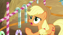 Size: 1280x720 | Tagged: safe, screencap, character:applejack, species:earth pony, species:pony, episode:the great escape room, female, hay, mare, open mouth, raised hoof, solo