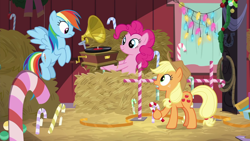 Size: 1280x720 | Tagged: safe, screencap, character:applejack, character:pinkie pie, character:rainbow dash, episode:the great escape room, candy, candy cane, food, gramophone, hay bale