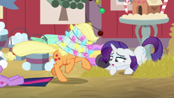 Size: 1280x720 | Tagged: safe, screencap, character:applejack, character:rarity, character:twilight sparkle, character:twilight sparkle (alicorn), species:alicorn, species:pony, episode:the great escape room, candy, candy cane, christmas, christmas lights, food, hay, holiday