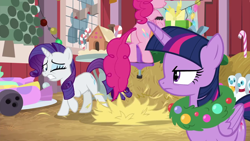 Size: 1280x720 | Tagged: safe, screencap, character:pinkie pie, character:rarity, character:twilight sparkle, character:twilight sparkle (alicorn), species:alicorn, species:pony, episode:the great escape room, christmas wreath, hay, wreath