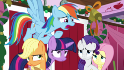 Size: 1280x720 | Tagged: safe, screencap, character:applejack, character:fluttershy, character:rainbow dash, character:rarity, character:twilight sparkle, character:twilight sparkle (alicorn), species:alicorn, species:pony, episode:the great escape room, christmas, christmas lights, holiday, wreath