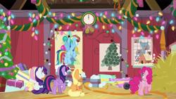 Size: 1280x720 | Tagged: safe, screencap, character:applejack, character:fluttershy, character:pinkie pie, character:rainbow dash, character:rarity, character:twilight sparkle, character:twilight sparkle (alicorn), species:alicorn, species:pony, episode:the great escape room, christmas, christmas lights, christmas tree, clock, hay, holiday, mane six, present, tree, wreath
