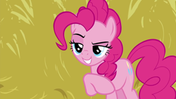 Size: 1280x720 | Tagged: safe, screencap, character:pinkie pie, species:earth pony, species:pony, episode:the great escape room, female, hay, hearth's warming shorts, mare, raised hoof, solo