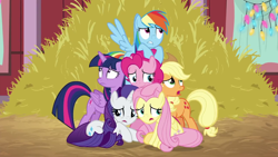 Size: 1280x720 | Tagged: safe, screencap, character:applejack, character:fluttershy, character:pinkie pie, character:rainbow dash, character:rarity, character:twilight sparkle, character:twilight sparkle (alicorn), species:alicorn, species:pony, episode:best gift ever, episode:the great escape room, g4, my little pony: friendship is magic, female, hay, hearth's warming shorts, mane six, scared