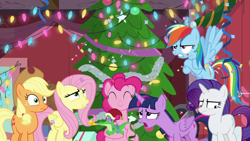 Size: 1280x720 | Tagged: safe, screencap, character:applejack, character:fluttershy, character:gummy, character:pinkie pie, character:rainbow dash, character:rarity, character:twilight sparkle, character:twilight sparkle (alicorn), species:alicorn, species:pony, episode:the great escape room, christmas, christmas lights, christmas tree, holiday, mane six, tree