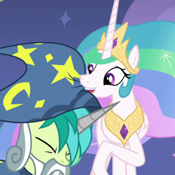 Size: 720x720 | Tagged: safe, screencap, character:princess celestia, character:sandbar, species:alicorn, species:earth pony, species:pony, episode:horse play, g4, my little pony: friendship is magic, clothing, costume, cropped, cute, cutelestia, eyes closed, fake beard, fake horn, female, male, mouth hold, stage, star swirl the bearded costume