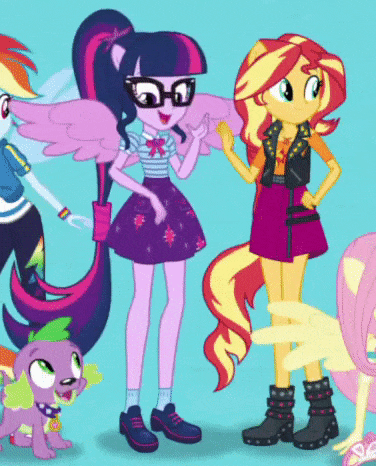 Size: 376x466 | Tagged: safe, screencap, character:fluttershy, character:rainbow dash, character:spike, character:spike (dog), character:sunset shimmer, character:twilight sparkle, character:twilight sparkle (scitwi), species:dog, species:eqg human, my little pony:equestria girls, animated, clothing, converse, female, geode of empathy, geode of super speed, geode of telekinesis, gif, intro, magical geodes, male, ponied up, scitwilicorn, shoes, sneakers, touch
