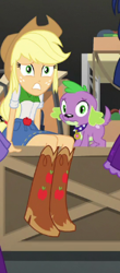 Size: 182x414 | Tagged: safe, screencap, character:applejack, character:spike, character:spike (dog), character:twilight sparkle, character:twilight sparkle (scitwi), species:dog, species:eqg human, equestria girls:movie magic, g4, my little pony:equestria girls, applejack's hat, boots, clothing, cowboy boots, cowboy hat, cropped, denim skirt, female, freckles, hat, male, offscreen character, skirt, stetson