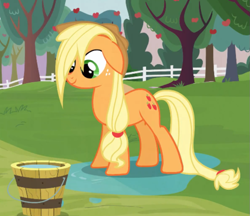 Size: 793x685 | Tagged: safe, screencap, character:applejack, species:earth pony, species:pony, episode:apple family reunion, g4, my little pony: friendship is magic, bucket, cropped, female, mare, solo, water, wet, wet mane
