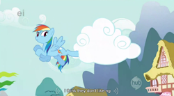Size: 852x471 | Tagged: safe, screencap, character:rainbow dash, species:pegasus, species:pony, episode:griffon the brush-off, cloud, female, hub logo, kicking, mare, solo, youtube caption