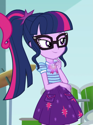 Size: 749x1003 | Tagged: safe, screencap, character:pinkie pie, character:twilight sparkle, character:twilight sparkle (scitwi), species:eqg human, episode:overpowered, g4, my little pony:equestria girls, clothing, female, geode of telekinesis, glasses, magical geodes, offscreen character, ponytail, skirt, smiling