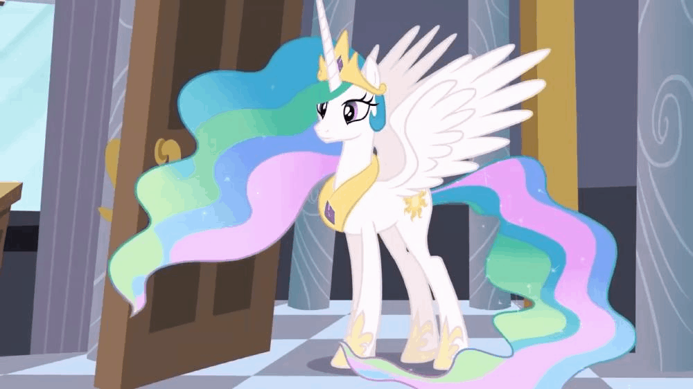 Size: 1000x562 | Tagged: safe, screencap, character:princess celestia, species:alicorn, species:pony, episode:princess twilight sparkle, g4, my little pony: friendship is magic, animated, beautiful, bedroom, crown, cutie mark, door, ethereal mane, female, flowing mane, flowing tail, gif, hoof shoes, jewelry, majestic, mare, multicolored hair, peytral, pillar, regalia, reversed, smiling, spread wings, wings