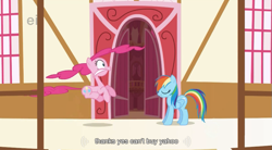 Size: 853x472 | Tagged: safe, screencap, character:pinkie pie, character:rainbow dash, species:earth pony, species:pegasus, species:pony, episode:griffon the brush-off, door, duo, duo female, female, hiccup, mare, yahoo, youtube caption
