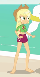 Size: 391x745 | Tagged: safe, screencap, character:applejack, character:bulk biceps, episode:turf war, g4, my little pony:equestria girls, applejack's hat, barefoot, clothing, cowboy hat, cropped, feet, female, geode of super strength, hat, legs, lifeguard, lifeguard applejack, magical geodes, shorts, solo focus, wet hair