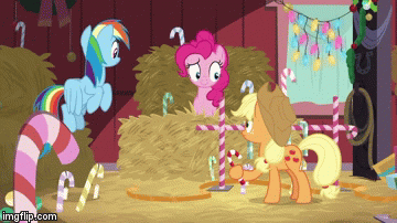 Size: 360x202 | Tagged: safe, screencap, character:applejack, character:pinkie pie, character:rainbow dash, episode:best gift ever, episode:the great escape room, g4, my little pony: friendship is magic, animated, candy, candy cane, food, gif, gramophone, hay, hay bale, imgflip, michael jackson, moonwalk, phonograph, smooth criminal, spoiler