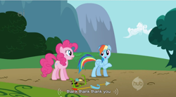 Size: 854x473 | Tagged: safe, screencap, character:pinkie pie, character:rainbow dash, species:earth pony, species:pegasus, species:pony, episode:griffon the brush-off, duo, duo female, female, hub logo, mare, youtube caption