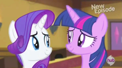 Size: 1233x689 | Tagged: safe, screencap, character:rarity, character:twilight sparkle, character:twilight sparkle (alicorn), species:alicorn, species:pony, episode:rarity takes manehattan, g4, my little pony: friendship is magic, hub logo, looking at each other, new episode, smiling
