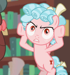 Size: 231x250 | Tagged: safe, screencap, character:cozy glow, character:yona, species:pegasus, species:pony, episode:what lies beneath, g4, my little pony: friendship is magic, animated, bookshelf, cropped, female, filly, gif, mocking, offscreen character, solo focus
