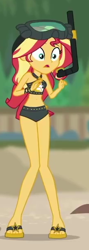 Size: 216x608 | Tagged: safe, screencap, character:sunset shimmer, episode:unsolved selfie mysteries, g4, my little pony:equestria girls, belly button, bikini, clothing, cropped, curvy, cute, feet, female, flip-flops, geode of empathy, goggles, hourglass figure, legs, magical geodes, midriff, sandals, shimmerbetes, sleeveless, snorkel, solo, swimsuit