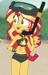 Size: 582x891 | Tagged: safe, screencap, character:sunset shimmer, episode:unsolved selfie mysteries, g4, my little pony:equestria girls, belly button, bikini, bikini babe, clothing, cropped, curvy, diving goggles, geode of empathy, goggles, hourglass figure, legs, magical geodes, sexy, sleeveless, snorkel, solo, swimsuit, thighs