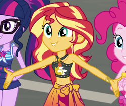 Size: 1177x987 | Tagged: safe, screencap, character:pinkie pie, character:sunset shimmer, character:twilight sparkle, character:twilight sparkle (scitwi), species:eqg human, episode:x marks the spot, g4, my little pony:equestria girls, arms wide open, belly button, clothing, cropped, cute, female, geode of empathy, geode of telekinesis, magical geodes, midriff, sarong, shimmerbetes, sleeveless, swimsuit, trio, trio female