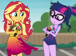 Size: 1180x877 | Tagged: safe, screencap, character:sunset shimmer, character:twilight sparkle, character:twilight sparkle (scitwi), species:eqg human, episode:x marks the spot, g4, my little pony:equestria girls, clothing, cropped, duo, duo female, female, food, geode of empathy, geode of telekinesis, magical geodes, sleeveless, sushi, swimsuit
