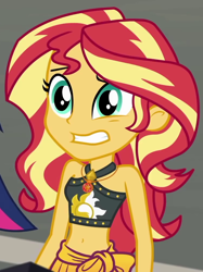 Size: 752x1003 | Tagged: safe, screencap, character:sunset shimmer, character:twilight sparkle, character:twilight sparkle (scitwi), species:eqg human, episode:x marks the spot, g4, my little pony:equestria girls, belly button, clothing, cropped, female, geode of empathy, magical geodes, sleeveless, solo focus, swimsuit