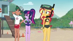 Size: 1920x1080 | Tagged: safe, screencap, character:sunset shimmer, character:timber spruce, character:twilight sparkle, character:twilight sparkle (scitwi), species:eqg human, episode:unsolved selfie mysteries, g4, my little pony:equestria girls, angry, annoyed, beach, belly button, bikini, blushing, clothing, geode of empathy, geode of telekinesis, lifeguard timber, magical geodes, midriff, ponytail, sand, scuba gear, sleeveless, snorkel, swimsuit, unimpressed, whistling