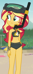 Size: 453x1006 | Tagged: safe, screencap, character:sunset shimmer, episode:unsolved selfie mysteries, g4, my little pony:equestria girls, adorasexy, beach, belly button, bikini, clothing, cropped, curvy, cute, diving goggles, goggles, midriff, sexy, sleeveless, snorkel, solo, swimsuit