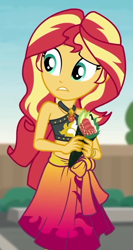 Size: 472x884 | Tagged: safe, screencap, character:sunset shimmer, episode:x marks the spot, g4, my little pony:equestria girls, clothing, food, midriff, sleeveless, solo, sushi, swimsuit