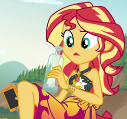 Size: 1058x985 | Tagged: safe, screencap, character:sunset shimmer, episode:x marks the spot, g4, my little pony:equestria girls, bottle, clothing, cropped, raised eyebrow, sleeveless, solo, swimsuit