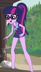 Size: 613x1080 | Tagged: safe, screencap, character:twilight sparkle, character:twilight sparkle (scitwi), species:eqg human, episode:x marks the spot, g4, my little pony:equestria girls, clothing, cropped, cute, geode of telekinesis, glasses, legs, magical geodes, open mouth, ponytail, sleeveless, smiling, solo, swimsuit, twiabetes
