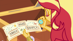 Size: 1920x1080 | Tagged: safe, screencap, character:sunset shimmer, episode:x marks the spot, g4, my little pony:equestria girls, beach, bracelet, jewelry, map, skull, starfish, treasure chest, treasure map, written equestrian