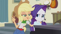 Size: 1920x1080 | Tagged: safe, screencap, character:applejack, character:rarity, episode:player piano, equestria girls:rainbow rocks, g4, my little pony:equestria girls, drums, frown, guitar, lidded eyes, maracas, musical instrument, out of context, piano, stairs, tambourine, xylophone