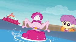 Size: 1920x1080 | Tagged: safe, screencap, character:pinkie pie, episode:x marks the spot, g4, my little pony:equestria girls, bent over, clothing, duo, female, sleeveless, swimming pool, swimsuit, water, water lily (equestria girls)