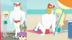 Size: 499x278 | Tagged: safe, screencap, character:bulk biceps, character:derpy hooves, episode:too hot to handle, episode:x marks the spot, g4, my little pony:equestria girls, beach, clothing, cropped, derpybulk, female, male, midriff, shipping, straight, swimsuit, water lily (equestria girls)