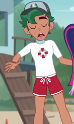 Size: 645x1079 | Tagged: safe, screencap, character:timber spruce, episode:unsolved selfie mysteries, g4, my little pony:equestria girls, cap, clothing, cropped, eyes closed, hat, legs, lifeguard, lifeguard timber, scared, shorts