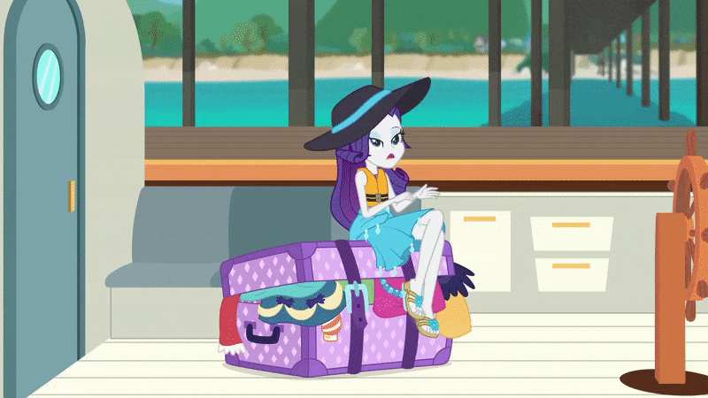 Size: 800x450 | Tagged: safe, screencap, character:rarity, episode:the salty sails, g4, my little pony:equestria girls, animated, animation error, clothing, crossed legs, feet, flip-flops, geode of shielding, gif, hat, luggage, magical geodes, sandals, solo, sun hat, swimsuit