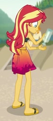 Size: 387x878 | Tagged: safe, screencap, character:sunset shimmer, episode:x marks the spot, g4, my little pony:equestria girls, clothing, feet, flip-flops, sandals, sarong, sleeveless, solo, swimsuit