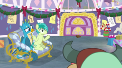 Size: 1280x720 | Tagged: safe, screencap, character:gallus, character:sandbar, character:yona, species:earth pony, species:pony, episode:best gift ever, episode:mystery voice, g4, my little pony: friendship is magic, animation error, chest fluff, female, hearth's warming shorts, male, shrug