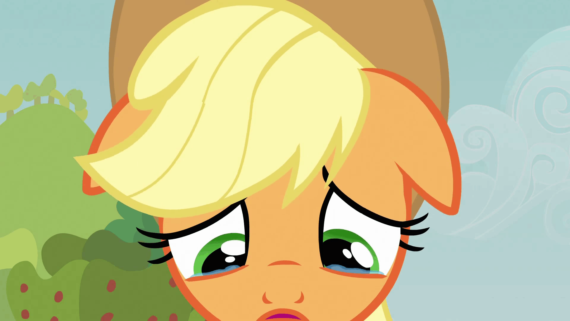 Size: 1920x1080 | Tagged: safe, screencap, character:applejack, episode:apple family reunion, g4, my little pony: friendship is magic, animated, clothing, cowboy hat, crying, floppy ears, hat, sad, solo, stetson, unhapplejack