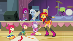 Size: 1920x1080 | Tagged: safe, screencap, character:apple bloom, character:fuchsia blush, character:lavender lace, character:scootaloo, character:sunset shimmer, character:sweetie belle, character:trixie, species:pegasus, species:pony, equestria girls:rainbow rocks, g4, my little pony:equestria girls, boots, clothing, cutie mark crusaders, jeans, pants, shoes, sitting, skirt, trixie and the illusions