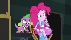 Size: 1912x1072 | Tagged: safe, screencap, character:pinkie pie, character:spike, character:spike (dog), species:dog, equestria girls:movie magic, g4, my little pony:equestria girls, boots, bracelet, clothing, crossed legs, female, high heel boots, jewelry, male, shoes, skirt