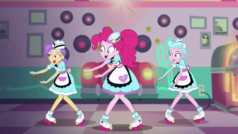 Size: 800x450 | Tagged: safe, screencap, character:pinkie pie, episode:coinky-dink world, eqg summertime shorts, g4, my little pony:equestria girls, animated, background human, cute, dancing, diapinkes, diner, diner uniform, doo wop, female, gif, hip thrust, looking at you, milkshake malt, roller skates, server pinkie pie, sunny sugarsocks, sweet snacks cafe, tip top, trio, trio female, waitress