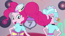 Size: 1920x1080 | Tagged: safe, screencap, character:pinkie pie, episode:coinky-dink world, eqg summertime shorts, g4, my little pony:equestria girls, cute, dancing, diapinkes, huggable, looking at you, rear view, server pinkie pie, solo, sunny sugarsocks, waitress