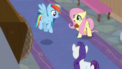 Size: 1280x720 | Tagged: safe, screencap, character:fluttershy, character:rainbow dash, character:rarity, species:pegasus, species:pony, species:unicorn, episode:mystery voice, hearth's warming shorts, hedgehog, trio