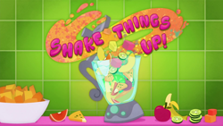 Size: 1920x1080 | Tagged: safe, screencap, episode:shake things up!, eqg summertime shorts, g4, my little pony:equestria girls, apple, banana, blender (object), food, fruit, mixer, orange, pickle, title card